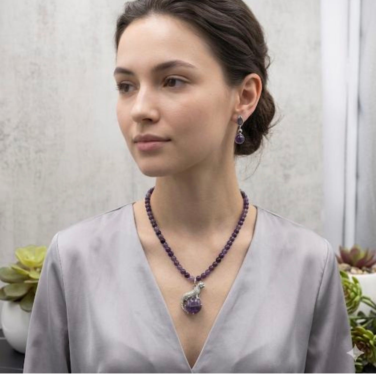 Juego de amatista con dije de puma