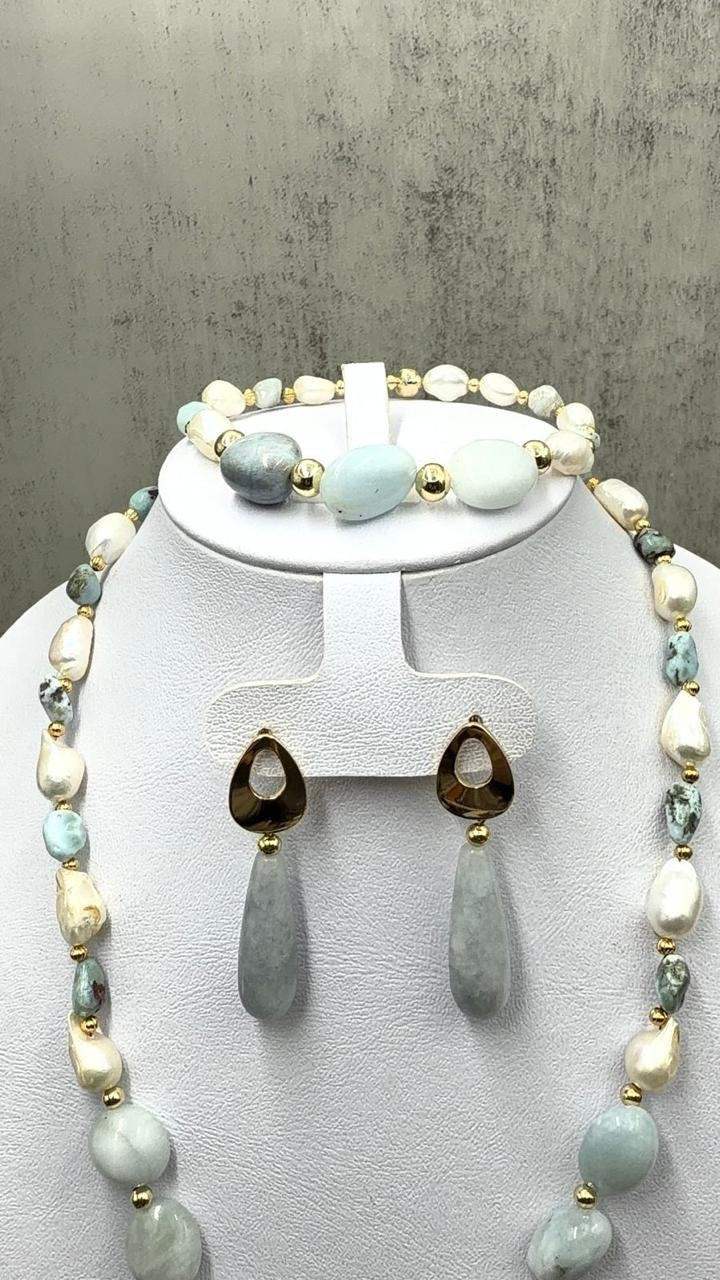 Juego de hermosa piedra larimar, perlas barrocas