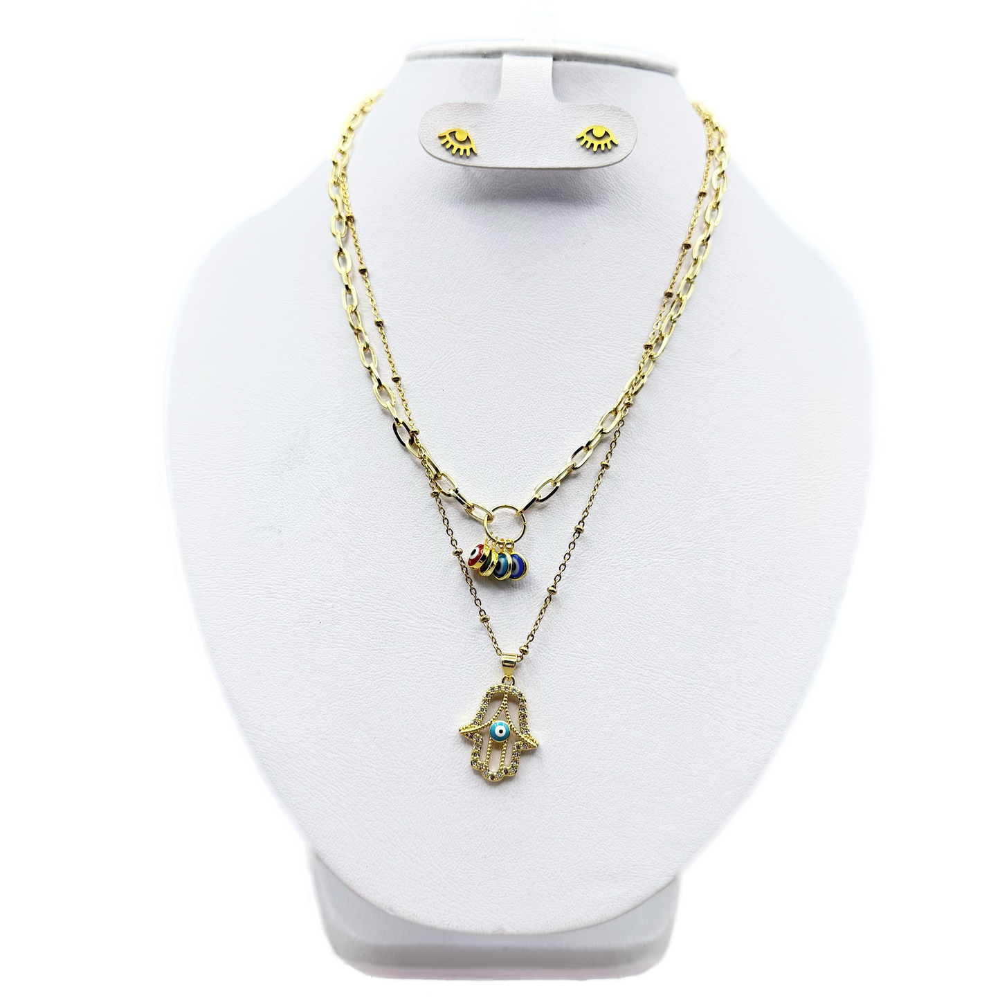 Collar de ojos en acero inoxidable con mano de Fátima