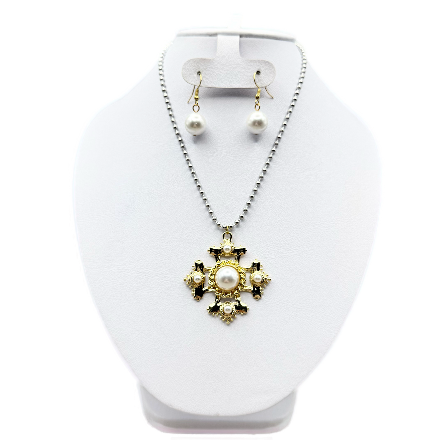 Conjunto Cruz Perla Acero Inoxidable Elegante