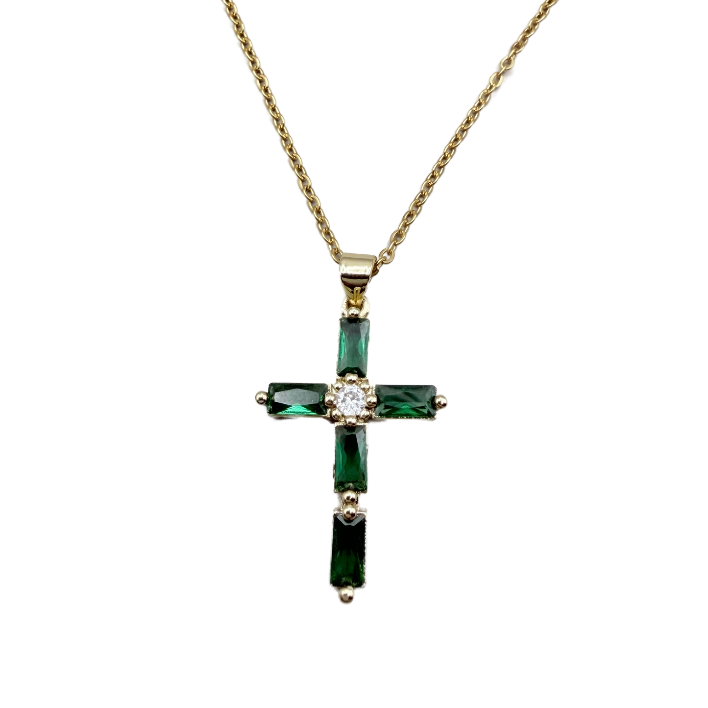 Collar Cruz Dorada con Cristales Verdes
