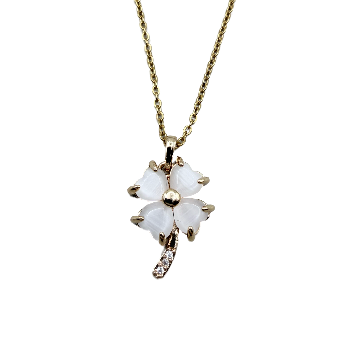 Collar Trébol Blanco Dorado con Cristales