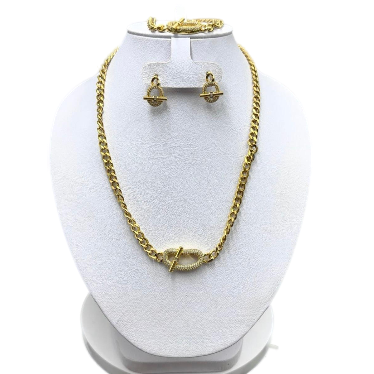 Conjunto Cadena Gruesa Dorada con Broche y Circonias en Acero Inoxidable