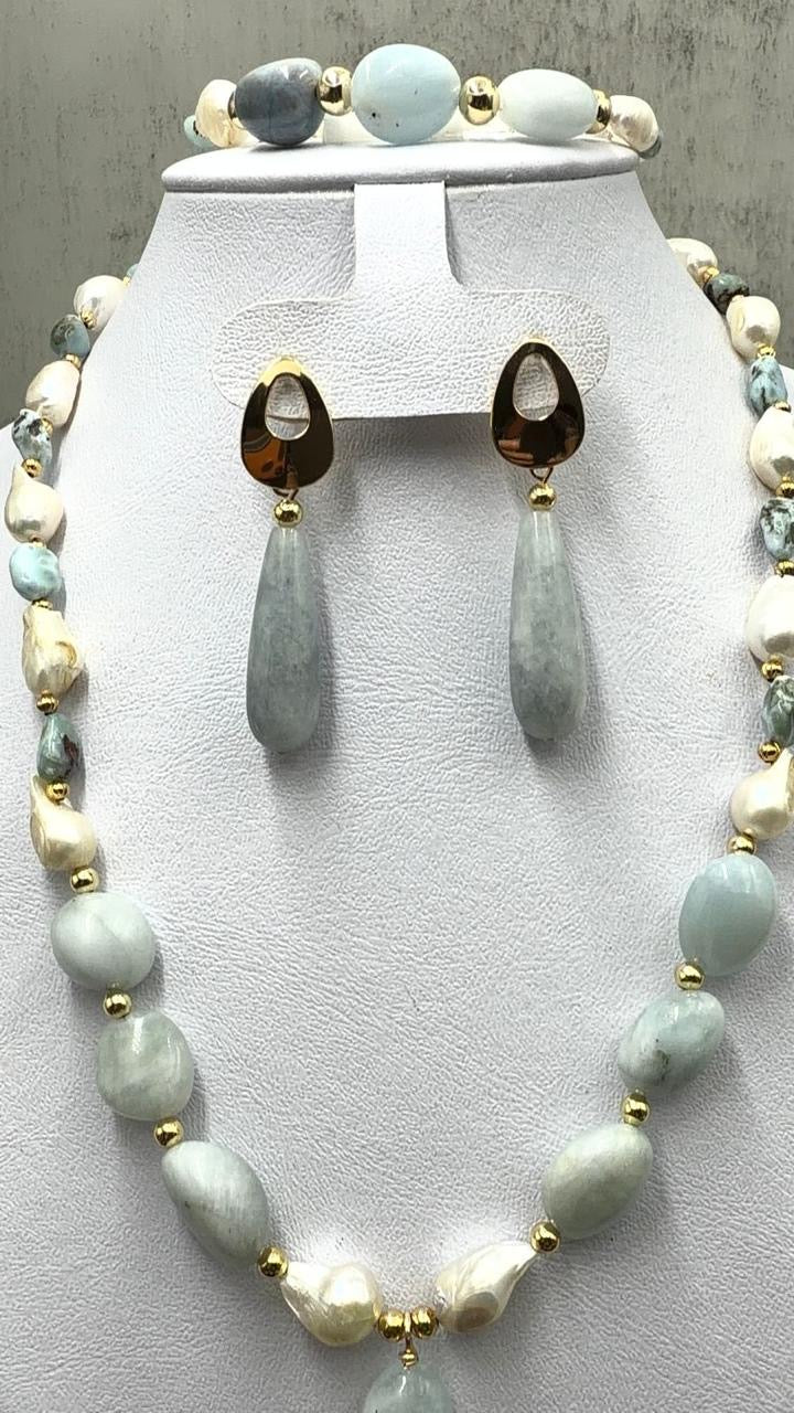 Juego de hermosa piedra larimar, perlas barrocas