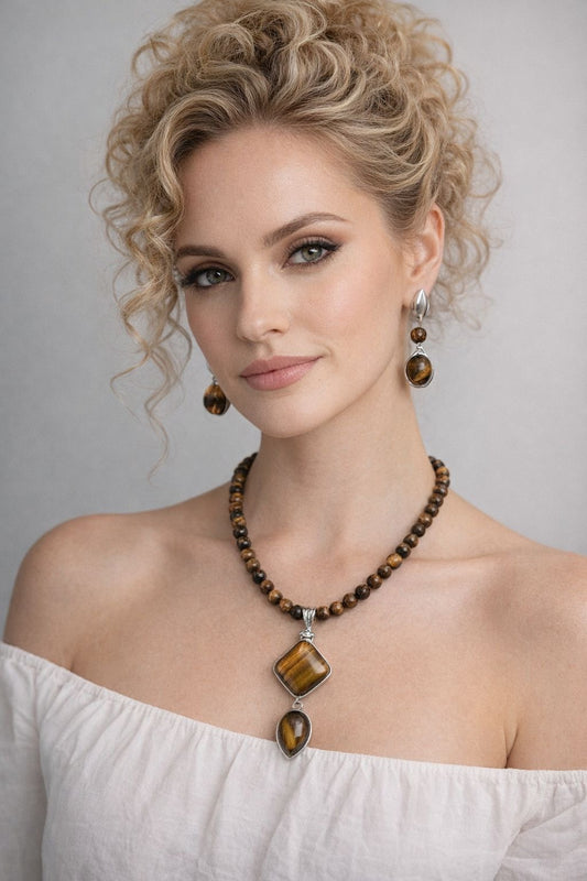 Juego de ojo de tigre montado en acero inoxidable