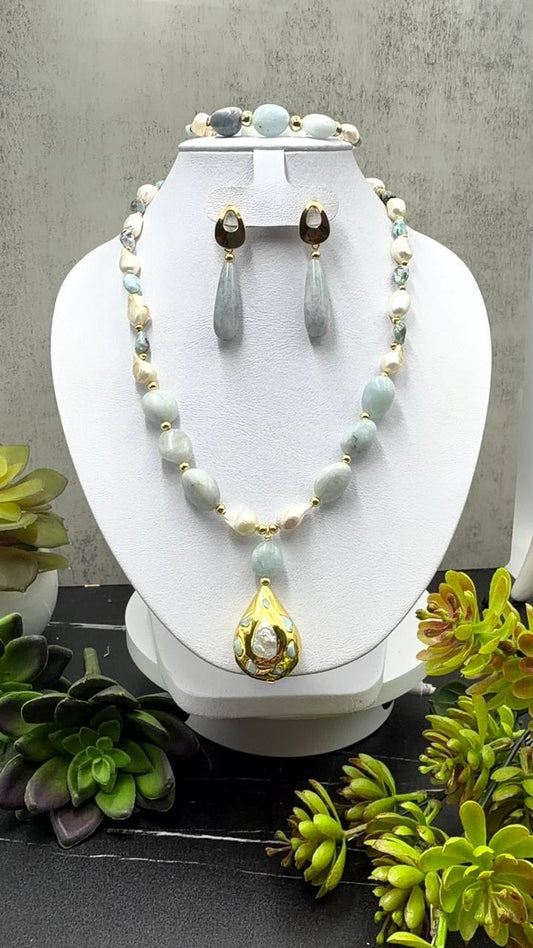Juego de hermosa piedra larimar, perlas barrocas