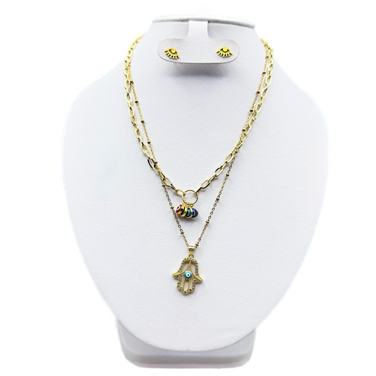 Collar de ojos en acero inoxidable con mano de Fátima