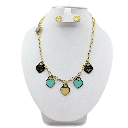 Conjunto estilo Tif. Corazones Colgantes Acero Inoxidable Dorado