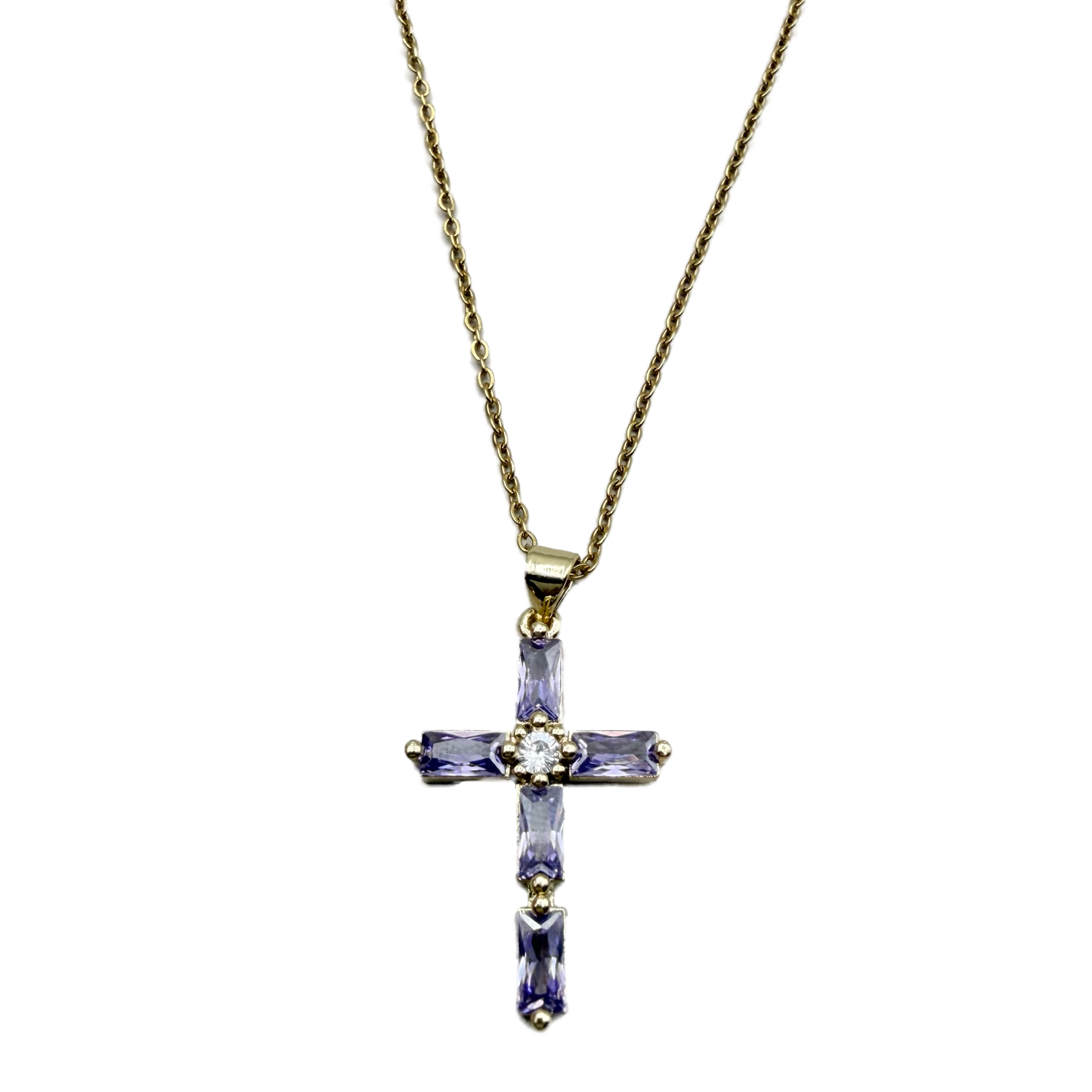 Collar Cruz Dorada con Cristales Violetas