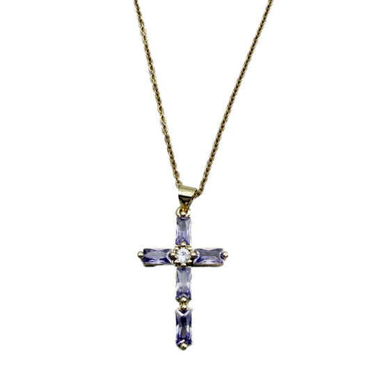 Collar Cruz Dorada con Cristales Violetas
