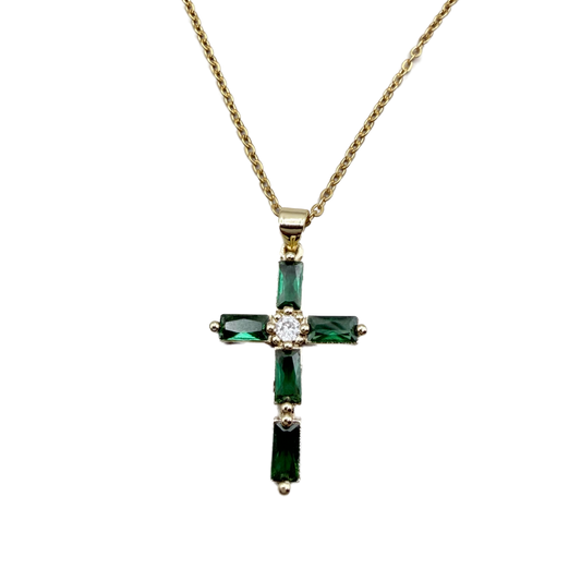 Collar Cruz Dorada con Cristales Verdes