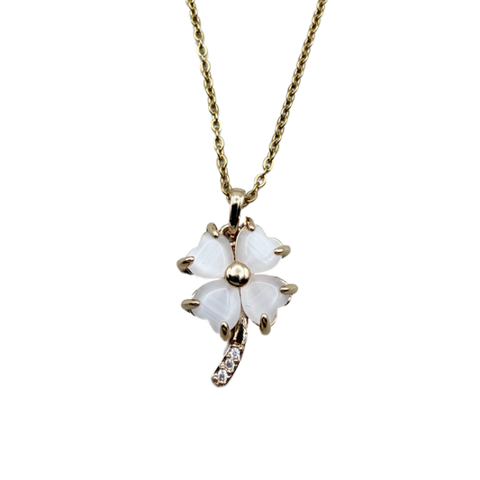 Collar Trébol Blanco Dorado con Cristales