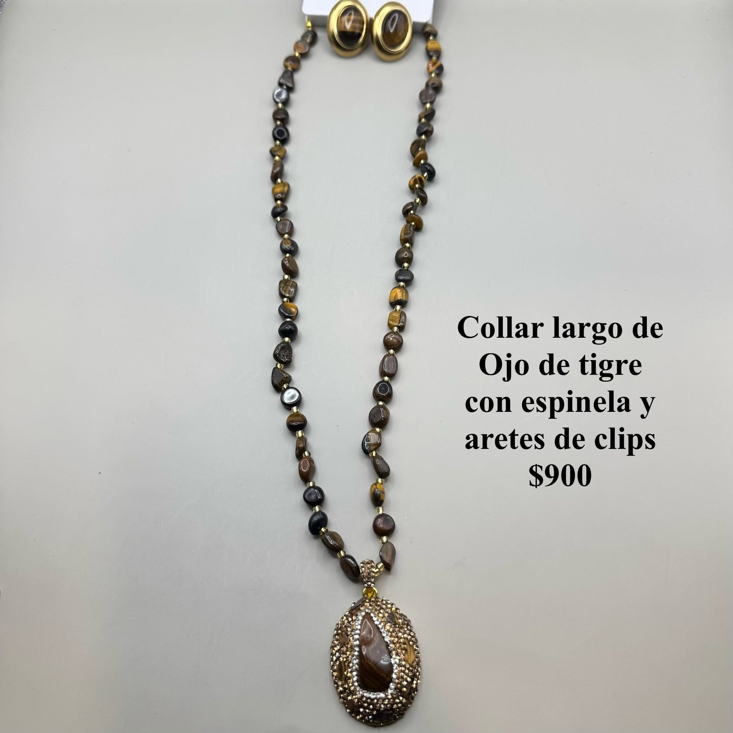Collar largo de Ojo de tigre con espinela y aretes de clips