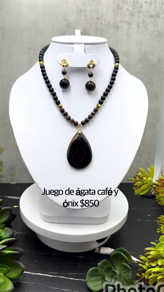 Juego de ágata café y ónix