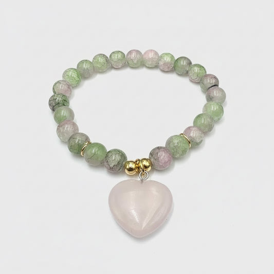 Brazalete de piedra natural calcedonia y dije a cuarzo rosa