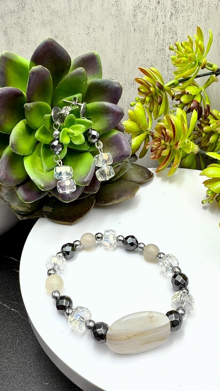 Juego de aretes y brazalete de ágata rayada, hematita, cristal
