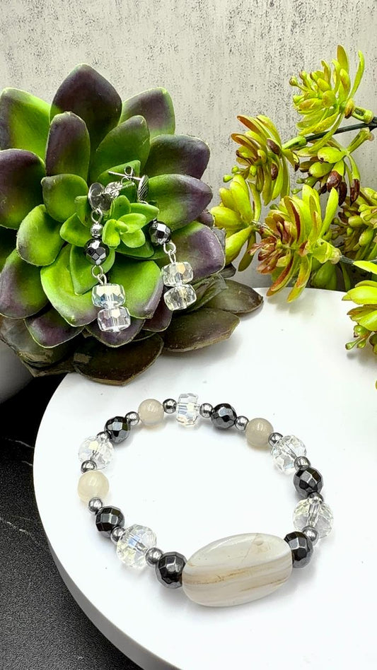Juego de aretes y brazalete de ágata rayada, hematita, cristal