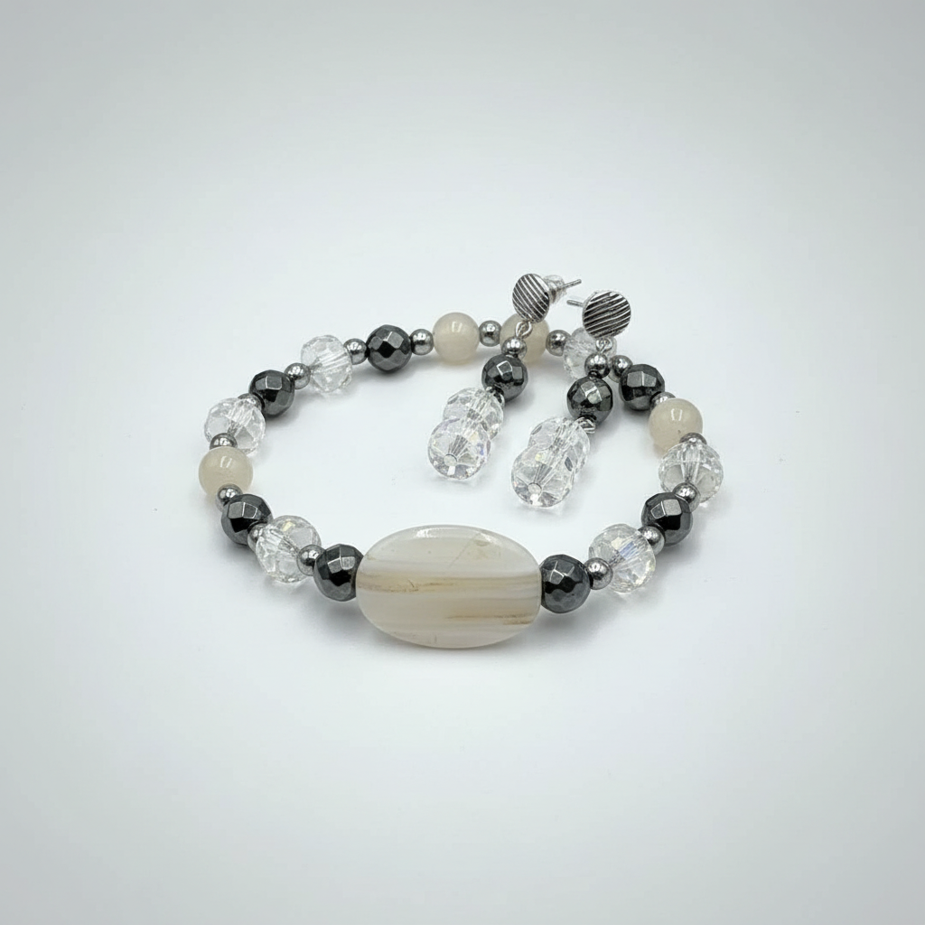 Juego de aretes y brazalete de ágata rayada, hematita, cristal
