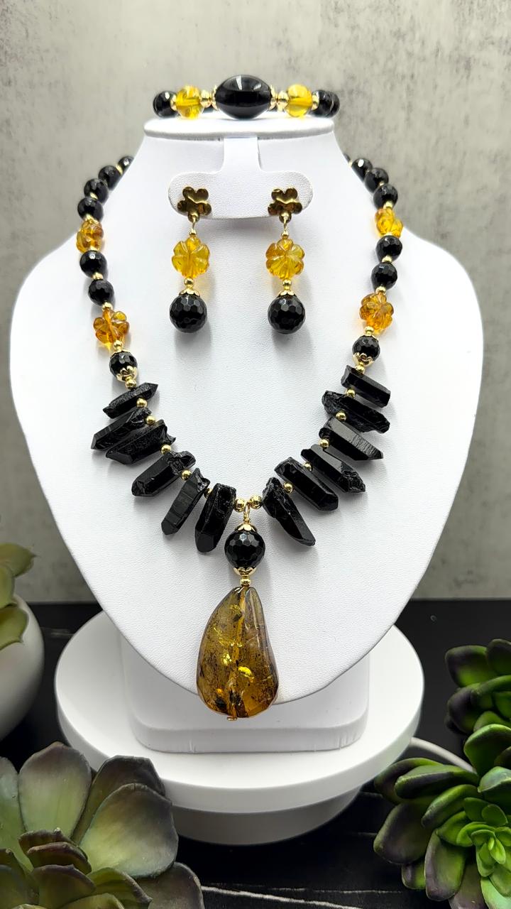 Juego de ámbar tallada en forma de flor 3D