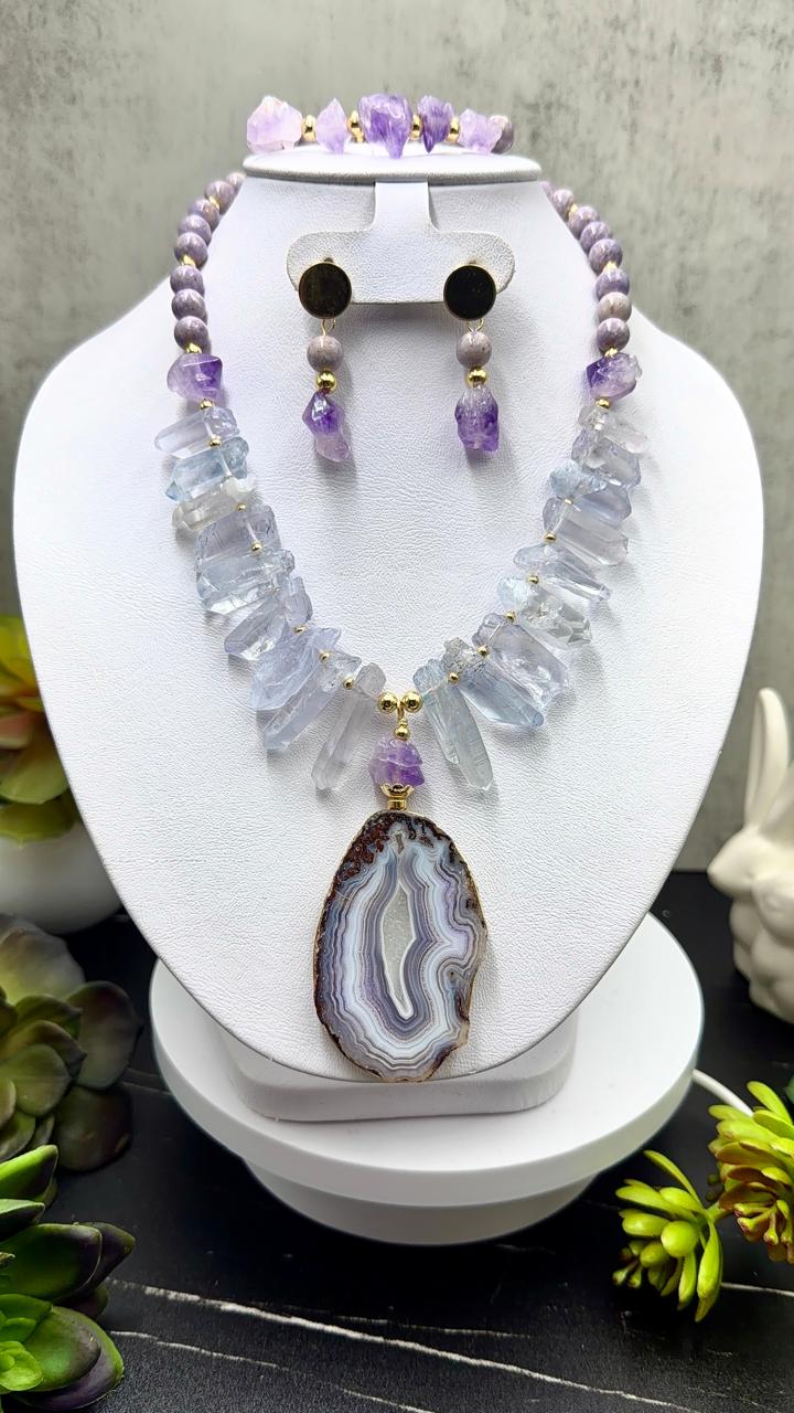 Juego de puntas cuarzo la lavanda, jaspe oceano y dije de agata crazy lace