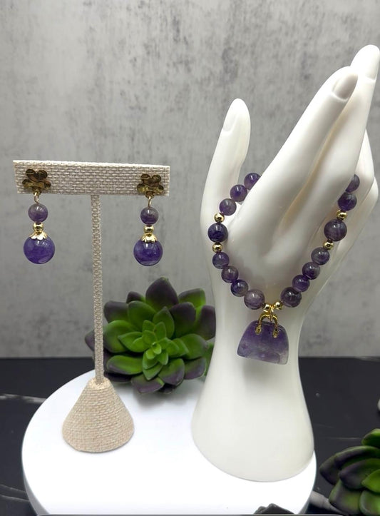 Juego de brazalete y aretes de piedra amatista