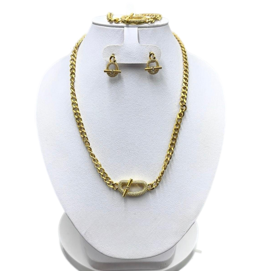 Conjunto Cadena Gruesa Dorada con Broche y Circonias en Acero Inoxidable