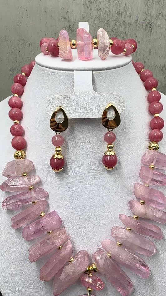 Juego de puntas de cuarzo rosa, ágatas rosas, dije se agata con druzy y dije de chapa