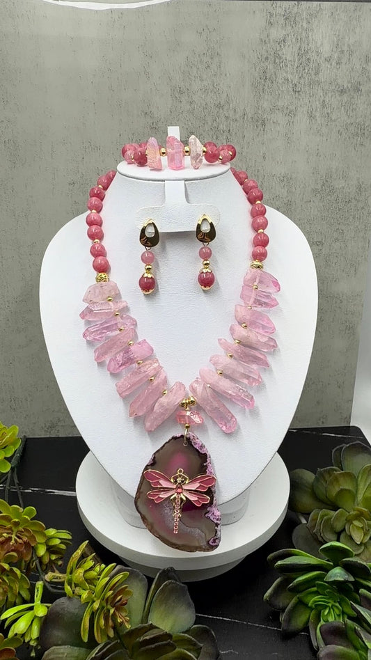 Juego de puntas de cuarzo rosa, ágatas rosas, dije se agata con druzy y dije de chapa