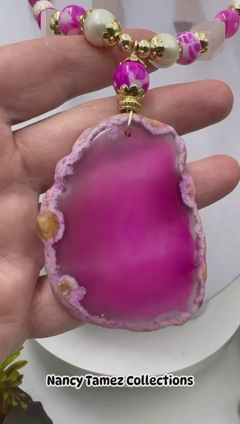 Juego de ágata rosa, cuarzo rosa y perlas dije de ágata rosa