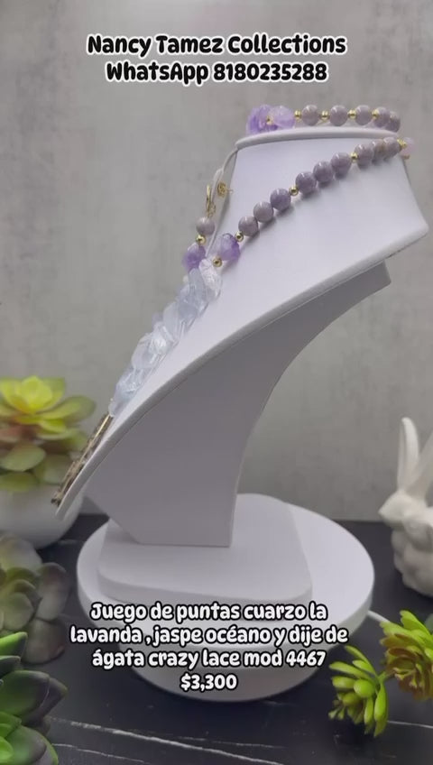 Juego de puntas cuarzo la lavanda, jaspe oceano y dije de agata crazy lace