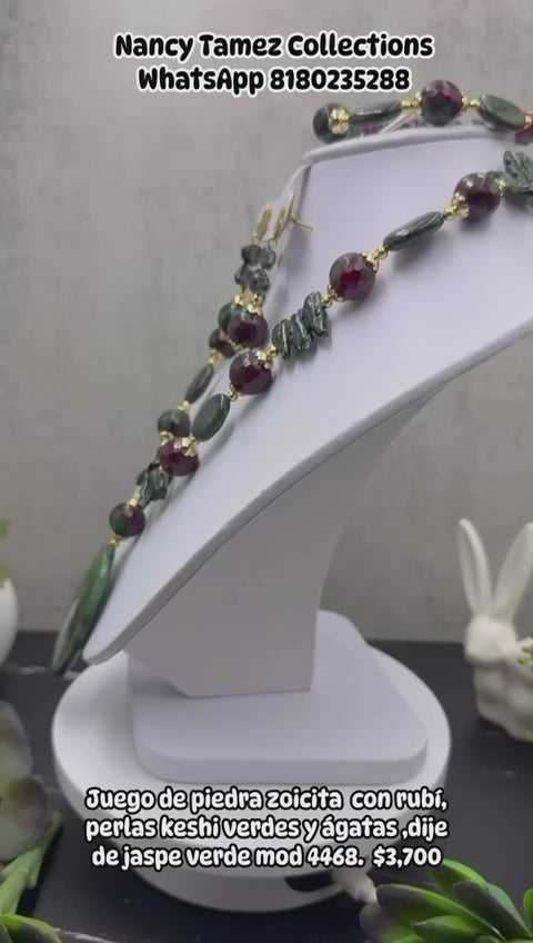 Juego de piedra zoicita con rubí, perlas keshi verdes y ágatas dije de jaspe verde
