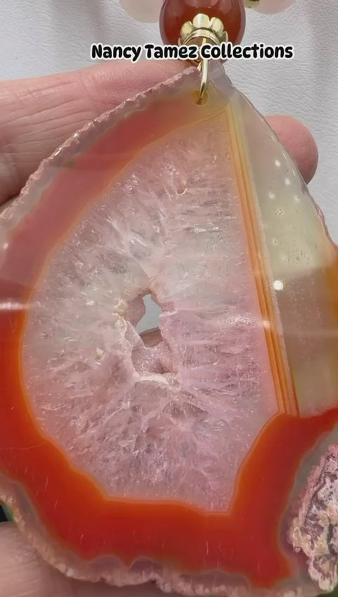 Juego de cornalina con cuarzo rosa dije de ágata bicolor con druzy